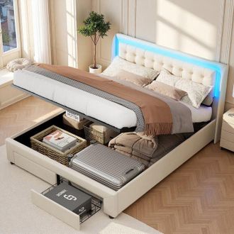 OEM Estructura De Cama Con Arc&oacute;n 140x190 Terciopelo Beige - Led Rgb - Hidr&aacute;ulica - 2 Cajones - Somier Incluido