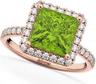 Allurez Princess Cut Halo Peridot & Diamond Engagement Ring 14K Rose Gold 3.47ct