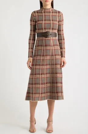 Eliza J Mock Neck Long Sleeve Midi Dress in Blk Cognac at Nordstrom, Size X-Large