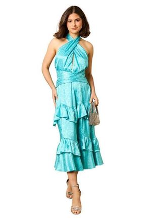 Oasis Halterneck Satin Jacquard Midi Dress in Aqua at Nordstrom, Size 14