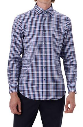 Bugatchi OoohCotton Tattersall Check Stretch Cotton Button-Up Shirt in Classic Blue at Nordstrom, Size Xxx-Large