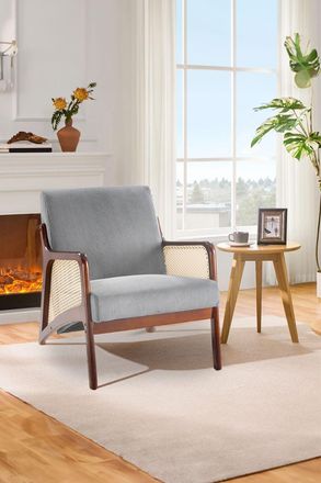 Living and Home Corduroy Armchair with Rattan Armrest in Grey