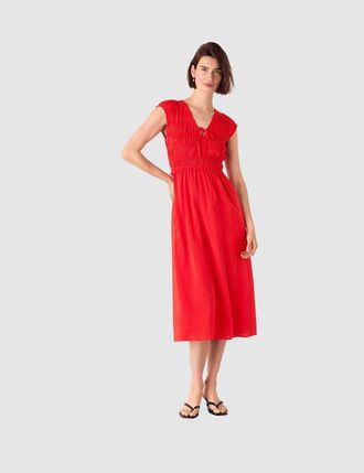 Whistles Shirred Bodice V-Neck Midi Dress at Nordstrom, Size 14