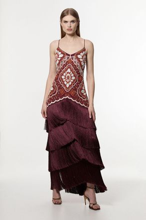 Karen Millen Womens Embellished Fringe Strappy Woven Maxi Dress - Orange - Size 12 UK