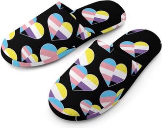 Generic Transgender And Non-Binary Proud Flag Flannel Mens Slip-on Slippers Winter Warm House Shoes with Rubber Sole for Home Hotel