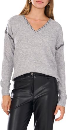 Vince Camuto Whipstitch V-Neck Sweater in Light Heather Grey at Nordstrom, Size Medium
