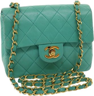 Chanel Square Classic Single Flap Bag Quilted Lambskin Blue Leather Handbag (Pre-Owned)
