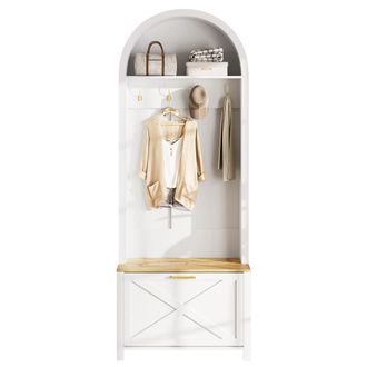 STILVORA Mobile DIngresso Con Ganci, Ripiano E Scarpiera, In Mdf, Bianco E Legno, 75&times;35&times;195 Cm