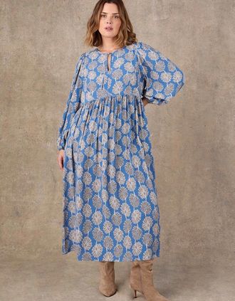 Live Unlimited London Womens Petite Blue Floral Print Tie Neck Midaxi Dress - Size: 26