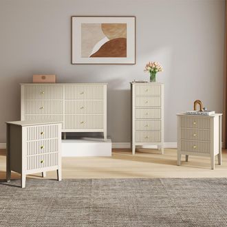 Melody Maison 6 Drawer Chest Of Drawers, Tall 5 Drawer Bedside Table & Pair Of 3 Drawer Bedside Tables - Hales Taupe Range in Beige