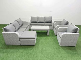 Fimous PE Rattan High Back Lounge Sofa Set Patio Oblong Coffee Table & Chairs Set w/ 3 Seater Sofa Reclining Chair Big Footstool 2 Side Table Light