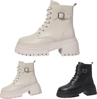 Generic Platform Combat Boots for Women, Lace-Up Ankle Boots with Buckle, 4.5 cm Heel, Black and Beige