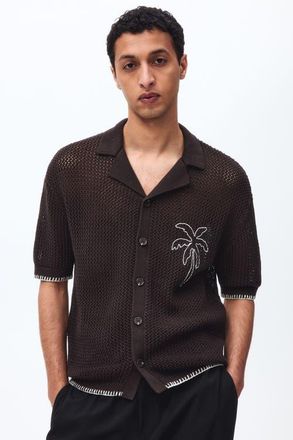 H&M Relaxed Fit Hole-knit Resort Shirt in Dark Brown/palm Tree at Nordstrom, Size X-Large