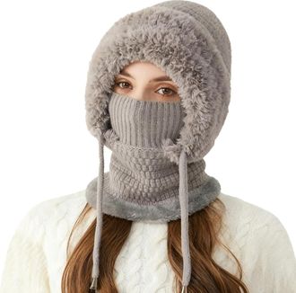 Generic 3 in 1 Beanie Hat for Women All in One Hat and Scarf Sherpa Hood Ski Mask Winter Warm Knitted Windproof Hats Scarf with Face Cover for Outdoor Skiing 