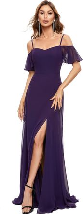 Ever-pretty Womens Ruffles One Shoulder Short Sleeve Empire Waist A Line Chiffon Long Cocktail Evening Dresses with Side Slit Dark Purple 18UK