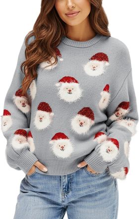 Generic Knitted Christmas Jumpersfor Women Ladies Plus Size Fall Blouse Shirt Oversized Outfits Round Neck Long Sleeve Xmas Snowflake Casual Winter Sweater Ch