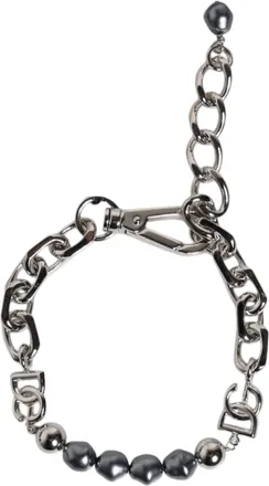 Dolce & Gabbana Silver Tone Chain Lobster Clasp Logo Gray Pearls Mens Bracelet