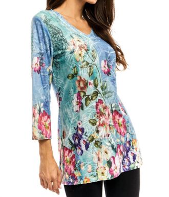 ADORE Floral V Neckline Tunic In Blue Green