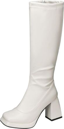 Generic Womens Square Toe Platform Long Boots Chunky High Heel Knee High Boots PU Leather Casual Shoes with Side Zipper,White,2.5 UK