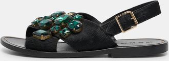 Marni Black Calf Hair Embellished Flat Slingback Sandals