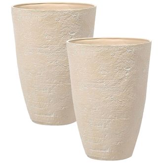 Beliani Conjunto De 2 Macetas De Mezcla De Piedra Beige Arena 51 Cm Exterior Camia
