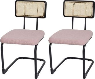 Hhg Set 2x sedie a slitta sala pranzo soggiorno 712 legno rattan tessuto bouclè rosa