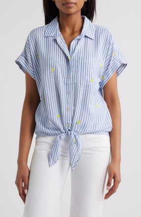 Beach Lunch Lounge Rosie Embroidered Tie Front Short Sleeve Button-Up Shirt in Lemonchella Candy at Nordstrom, Size X-Large