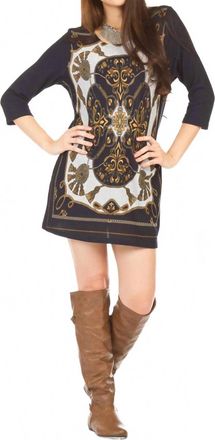 Papillon Scarf Print Quarter Sleeve Dress In Navy