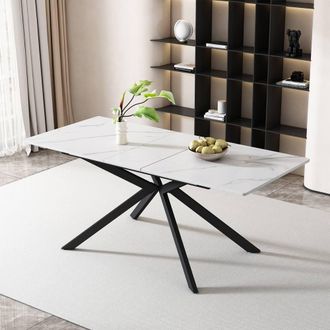 Merax 150-180cm Extendable Dining Table with White Marble Tabletop