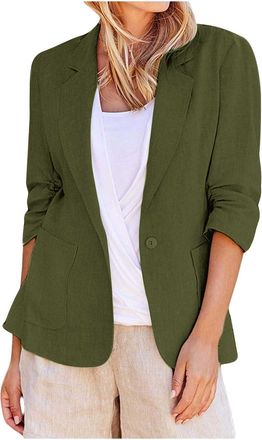 Generic Casual Jackets for Women UK Elegant Ruched 3/4 Sleeve Cotton Linen Light Jacket, Notch Lapel Collar One Button Blazers with Pockets, Ladies Plus Size 