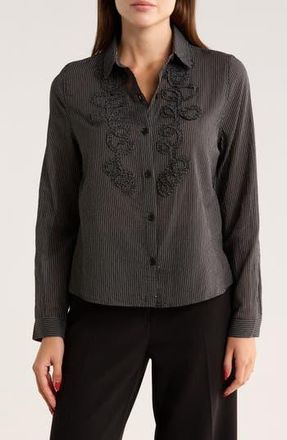 Max Studio Stripe Appliqué Button-Up Shirt in Black/Ecru Pinstripe at Nordstrom Rack, Size X-Large
