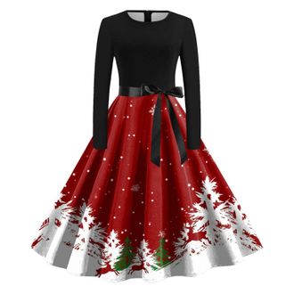 Generic Womens Christmas Dress Winter Party Cocktail Dress Halloween Costumes Adult Women Womens Formal Dresses Multi Colored Vintage Printed Holiday Long Sle