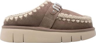 Mou Grijze Shearling Slip-On Platte Schoenen - Dames - Slip ons - Grijs - 37 EU - Leer - Schoenen