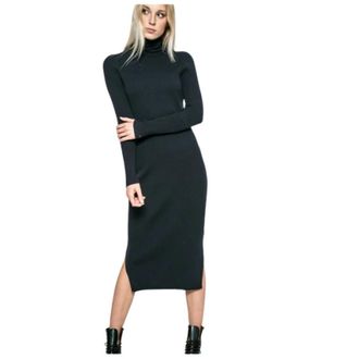 Tommy Hilfiger Geribbelde Gebreide Trui Jurk met Col - Dames - Casual kleedjes - Zwart - XL - Katoen - Kleedjes