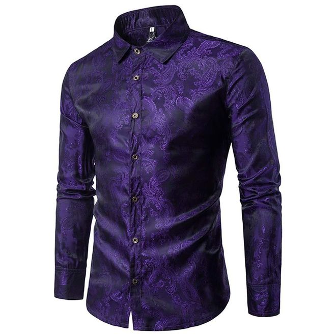 Mens Dress Shirts Long Sleeve Paisley Shirt Jacquard Silk Formal Shirts for Men Button Down Collar Casual Tuxedo Shirts, Purple, S