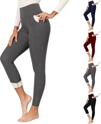 Generic Fleece Lined Leggings Women Thick Warm Yoga Pants with Pockets High Waisted Thermal Leggings Warm Winter Tummy Control Sport Fleece Lined Yoga Pants O