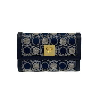 Ferragamo Navy Canvas Leather Wallet (Tri-Fold) (Pre-Owned)