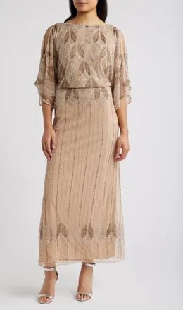 Pisarro Nights Beaded Cold Shoulder Cocktail Dress in Beige at Nordstrom Rack, Size 10