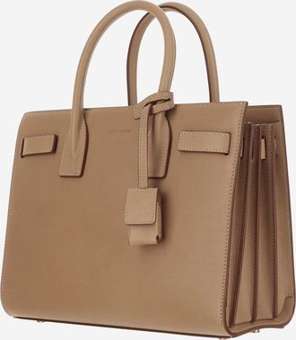 Saint Laurent Womens Leather Top-Handle Bag With Logo Brown Calfskin Shoulder