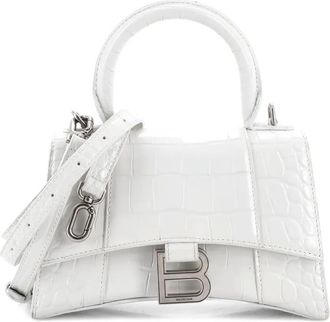 Balenciaga Borsa a tracolla Hourglass XS in pelle goffrata effetto coccodrillo con manico - Bianco