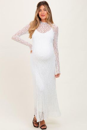 Pinkblush Lace Mock Neck Long Sleeve Maxi Dress in White at Nordstrom, Size Small