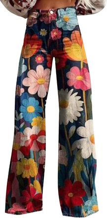 Generic Wide Leg Jeans For Women UK High Waist Flower Print Flared Jeans Patterned Pants Lightweight Loose Fit Vintage 70S Retro Colorful Denim Trousers Imita