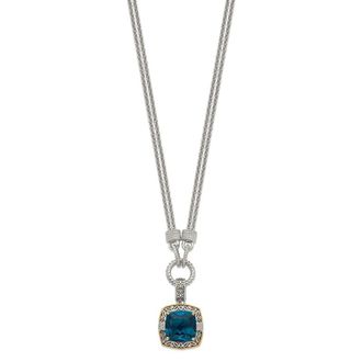 Diamond2Deal Sterling Silver with 14K Accent Cushion London Blue Topaz and Diamond Pendant Necklace
