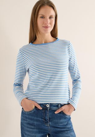 Cecil Langarmshirt CECIL, Damen, Gr. XL (44), fountain blau, Jersey, Obermaterial: 76% Baumwolle, 24% Modal, gestreift, normal h&uuml;ftbedeckend, Rundhals, Shir