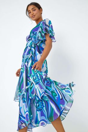 Roman Floral Swirl Print Chiffon Tiered Wrap Dress