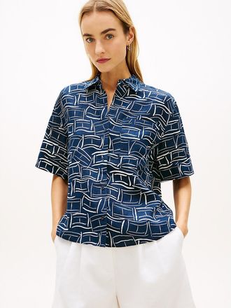 Tommy Hilfiger Womens Short-Sleeve Linen Shirt - Navy - L