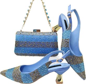 Generic Womens Satin Pointy Toe Pumps and Clutch Bag Set Sparkly Rhinestone Decoration for Evening Party Wedding