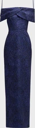 Teri Jon Off-Shoulder Jacquard Column Gown
