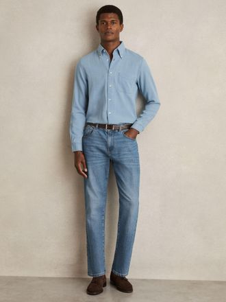 Reiss Washed Blue Cotton-piqu&eacute; Button-down Chambray Shirt, XS
