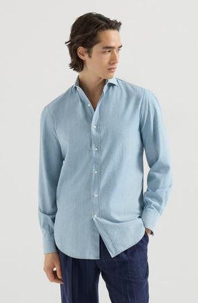 Brunello Cucinelli Denim-effect chambray shirt with spread collar in Medium Denim at Nordstrom, Size Xxx-Large
